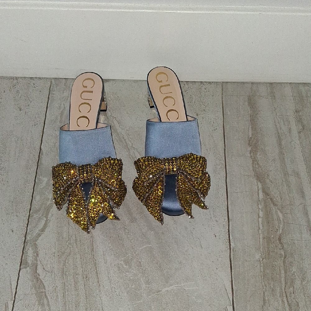 Gucci Women's Blue and Gold Embellished Mules